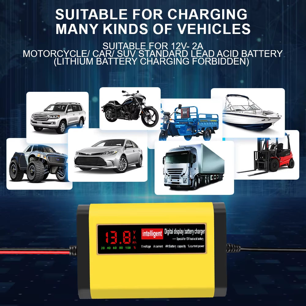 Full Automatic Car Battery Charger 2A Intelligent Fast Power Charging Digital LCD Display