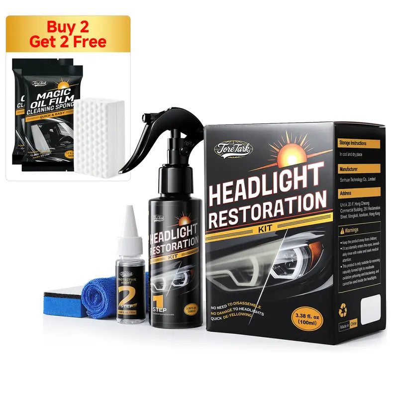 Revitalize Your Ride: Toretark No-Sand Headlight Restoration Kit - 100ml Cleaning Solution & 20ml Crystal Coating for Long-Lasting Clarity & Protection - Perfect Car Care Gift for Him!