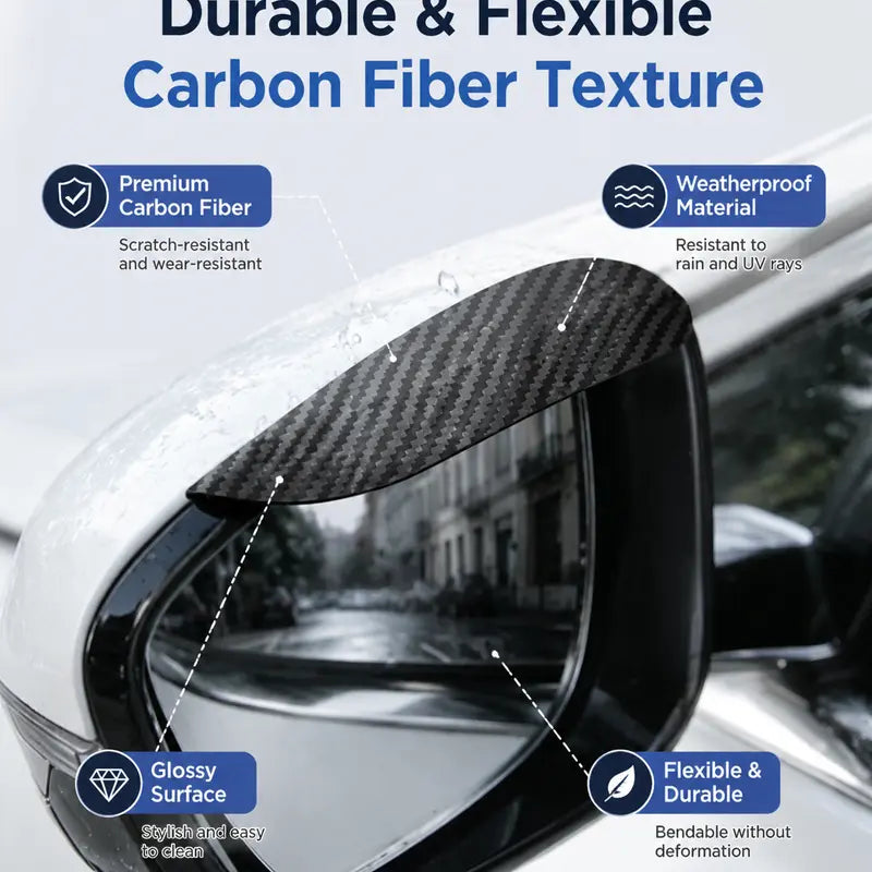 Waterproof Carbon Fiber Side Mirror Rain Visors - Snap-On Eyebrow Covers for Cars, Sedans, and Trucks
