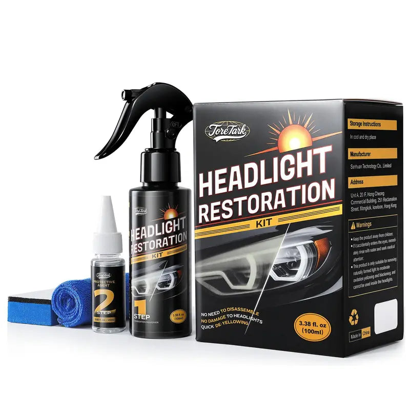 Revitalize Your Ride: Toretark No-Sand Headlight Restoration Kit - 100ml Cleaning Solution & 20ml Crystal Coating for Long-Lasting Clarity & Protection - Perfect Car Care Gift for Him!